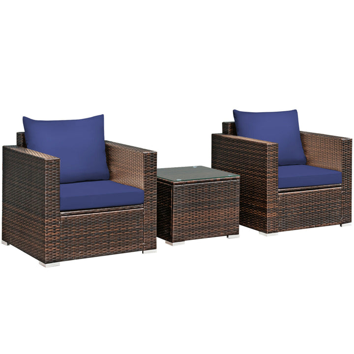 3PCS Rattan Patio Outdoor Conversation Furniture Set w/ Navy Cushions Image 2