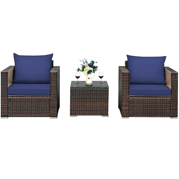 3PCS Rattan Patio Outdoor Conversation Furniture Set w/ Navy Cushions Image 10