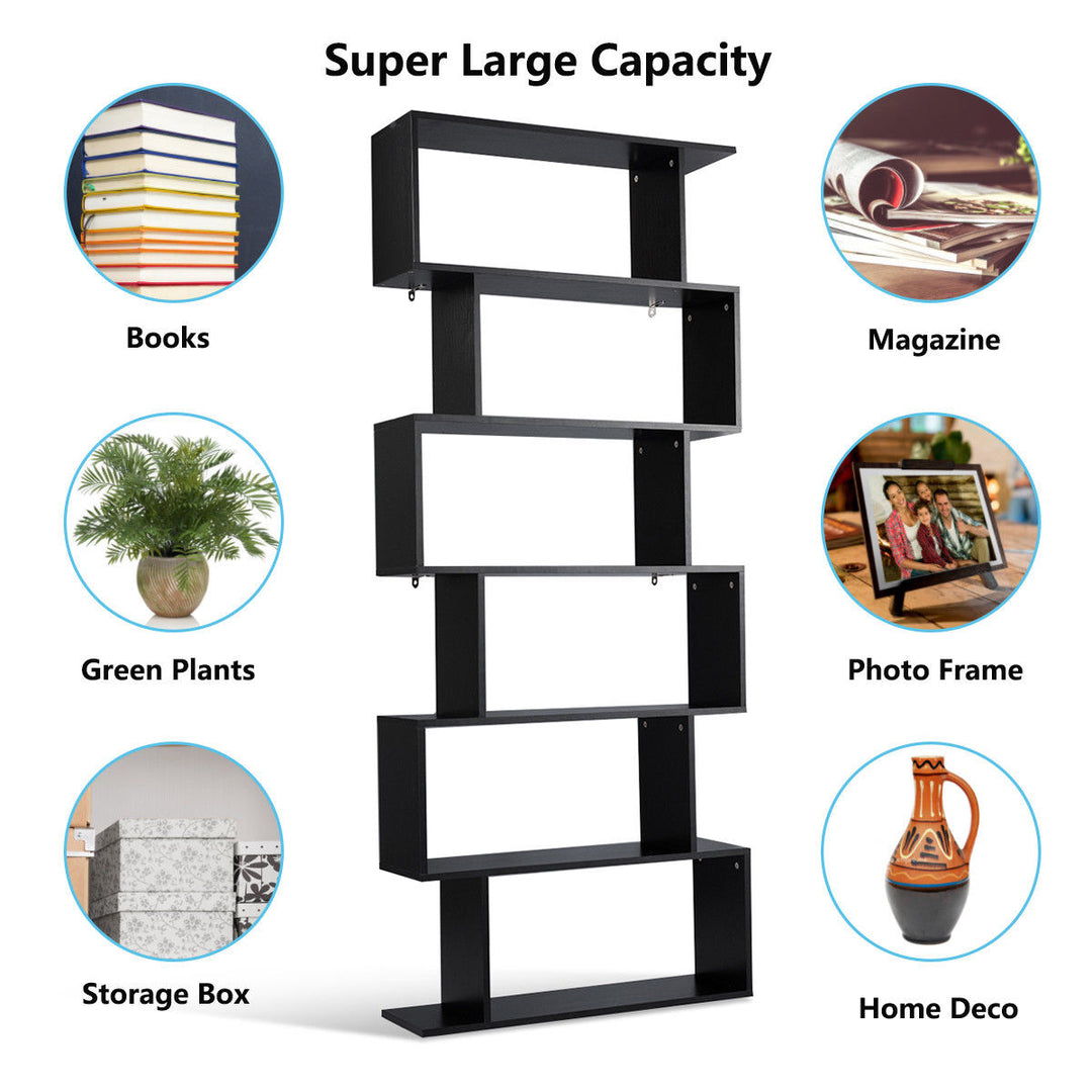 6 Tier S-Shaped Bookcase Z-Shelf Style Storage Display Modern Bookshelf Black Image 6