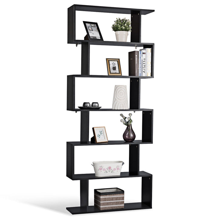 6 Tier S-Shaped Bookcase Z-Shelf Style Storage Display Modern Bookshelf Black Image 9