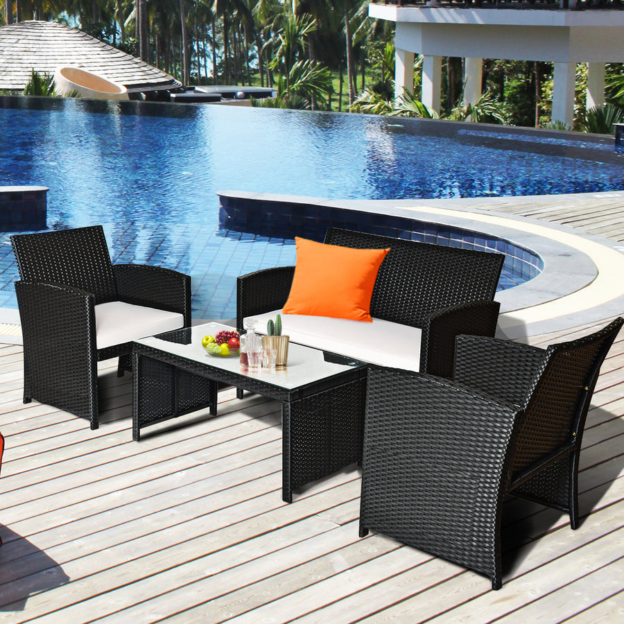 4PCS Outdoor Patio Rattan Furniture Conversation Set Cushioned Sofa Coffee Table Image 1