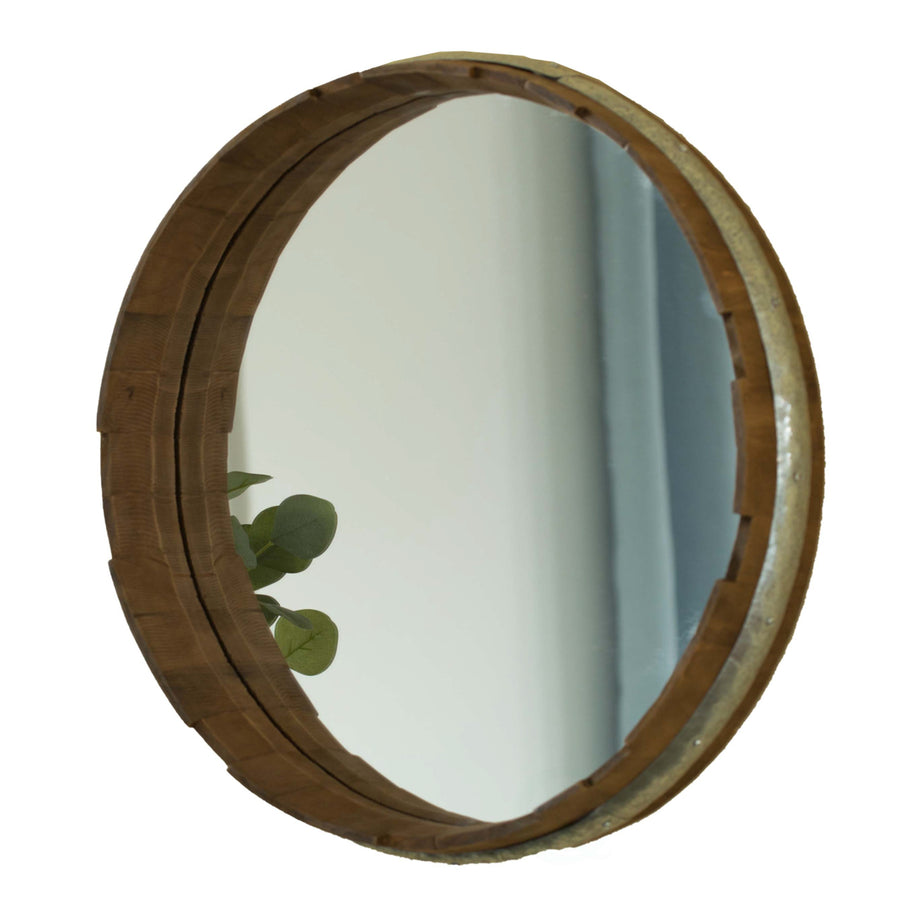 Round Rustic Wood and Galvanized Metal Framed Wine Barrel Shaped Wall Mirror Image 1