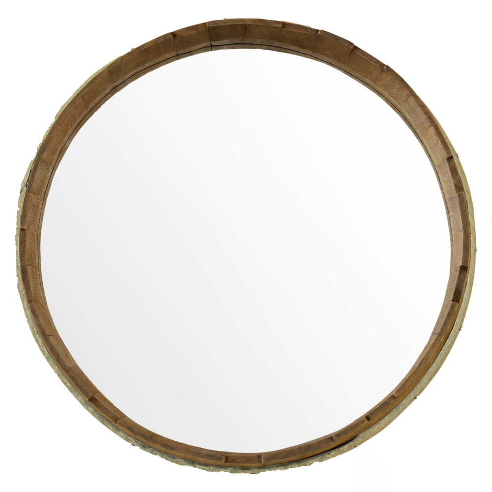 Round Rustic Wood and Galvanized Metal Framed Wine Barrel Shaped Wall Mirror Image 2