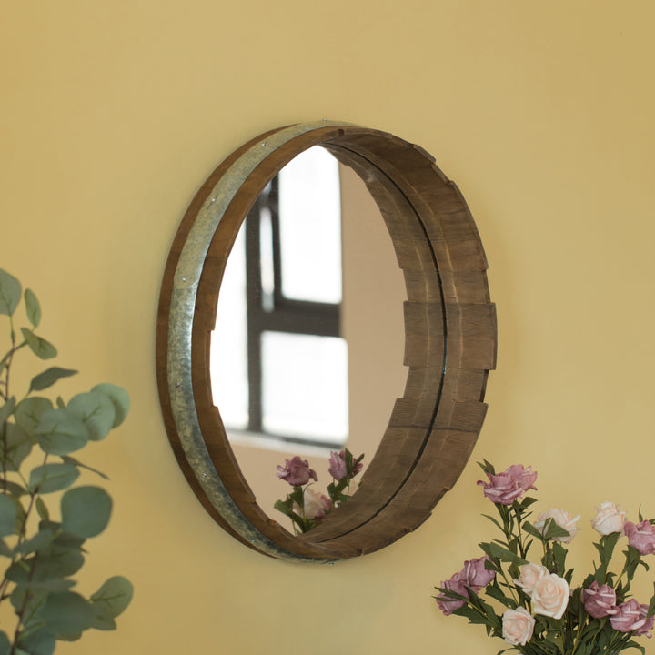 Rustic Round Wood Galvanized Metal Wall Mirror 24" Vintage Barrel Design Image 5