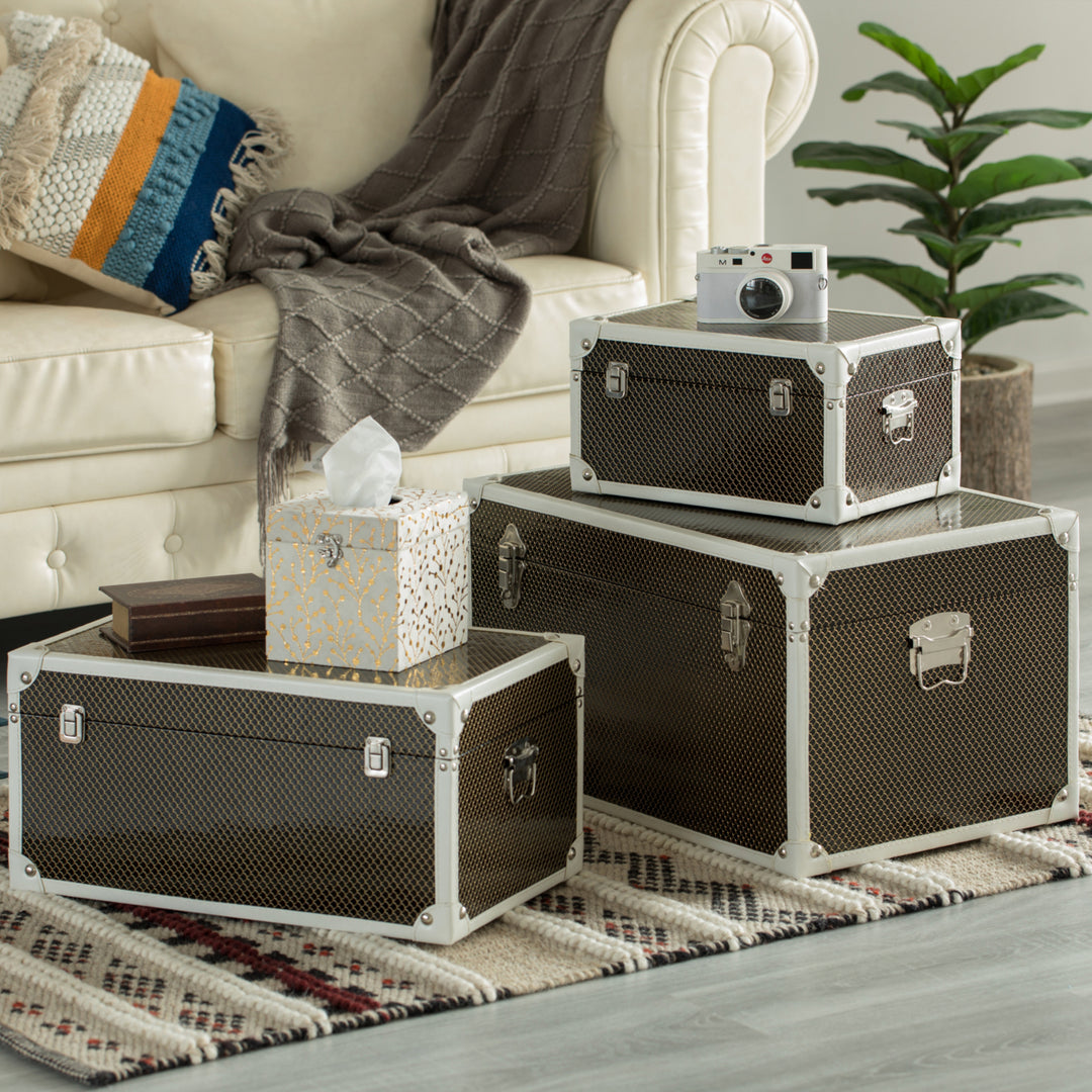 Faux Leather Storage Trunk Set of 3 Large Medium Small Decorative Organizer Image 2