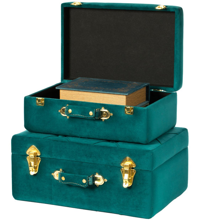 Tufted Velvet Suitcase Treasure Chest Set of 2 Storage Trunks Medium Small Image 1