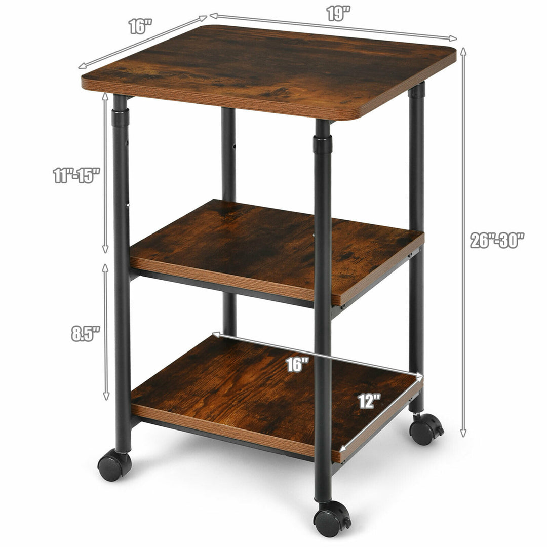 3-Tier Rolling Adjustable Printer Cart Machine Stand Storage Rack Brown Image 2