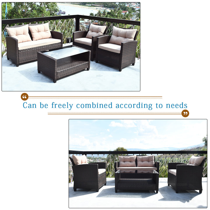 4PCS Outdoor Rattan Furniture Set Cushioned Sofa Armrest Table Image 5