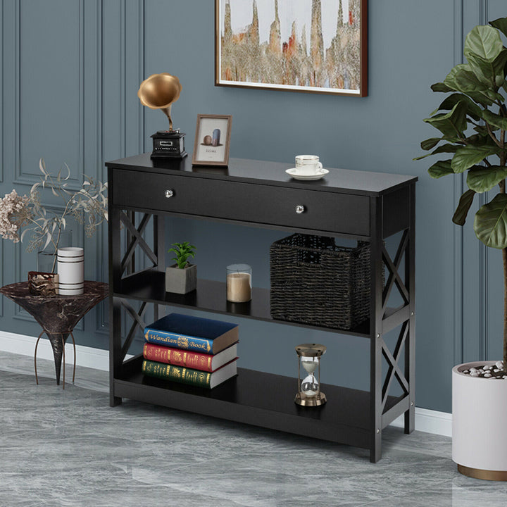 Console Table Drawer Shelves Sofa Accent Table Entryway Hallway Black/White Image 1