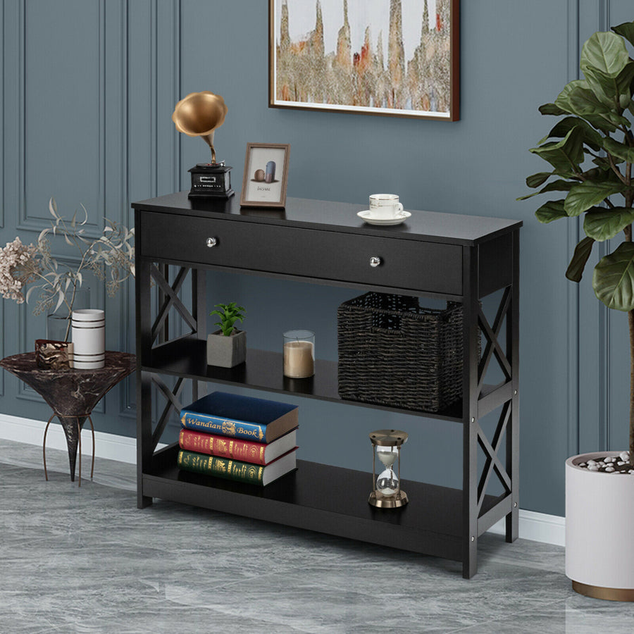 Console Table Drawer Shelves Sofa Accent Table Entryway Hallway Black/White Image 1