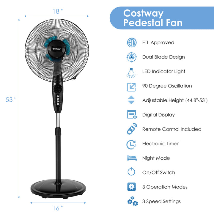 16 Adjustable Oscillating Pedestal Fan Dual Blades w/Remote Control Image 9