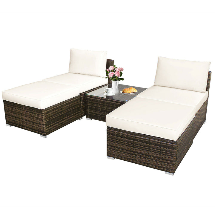 5PCS Patio Rattan Wicker Furniture Set Armless Sofa Ottoman Cushioned Garden Image 9