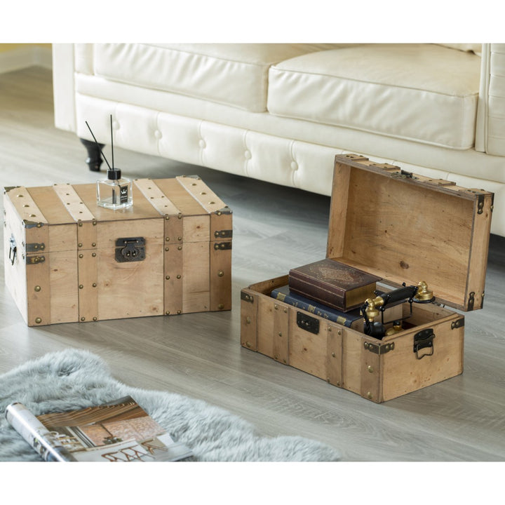 Natural Wooden Trunk Set of 2 with Handles 18 Inch and 15 Inch Decorative Storage Image 2