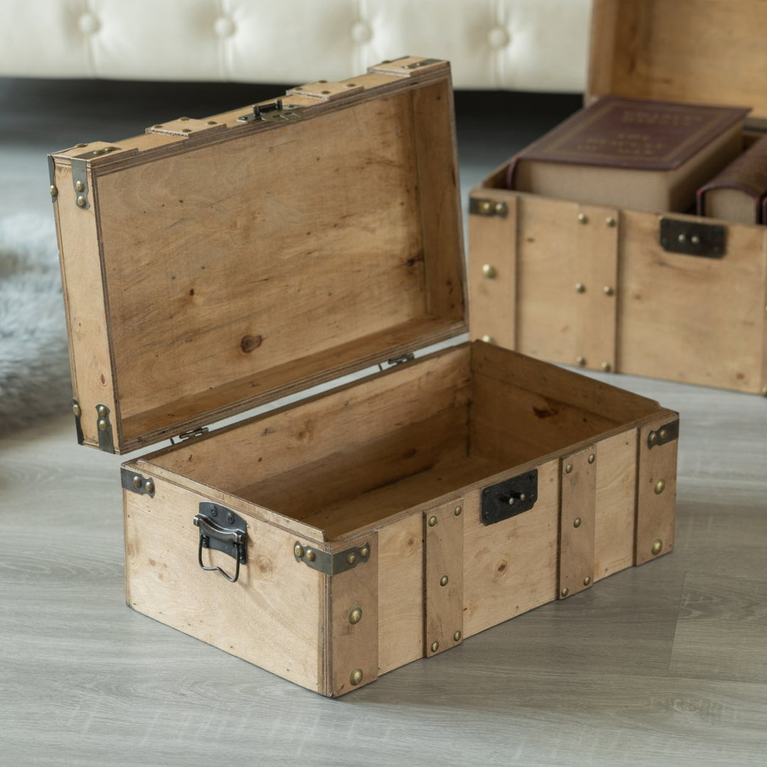 Natural Wooden Trunk Set of 2 with Handles 18 Inch and 15 Inch Decorative Storage Image 6