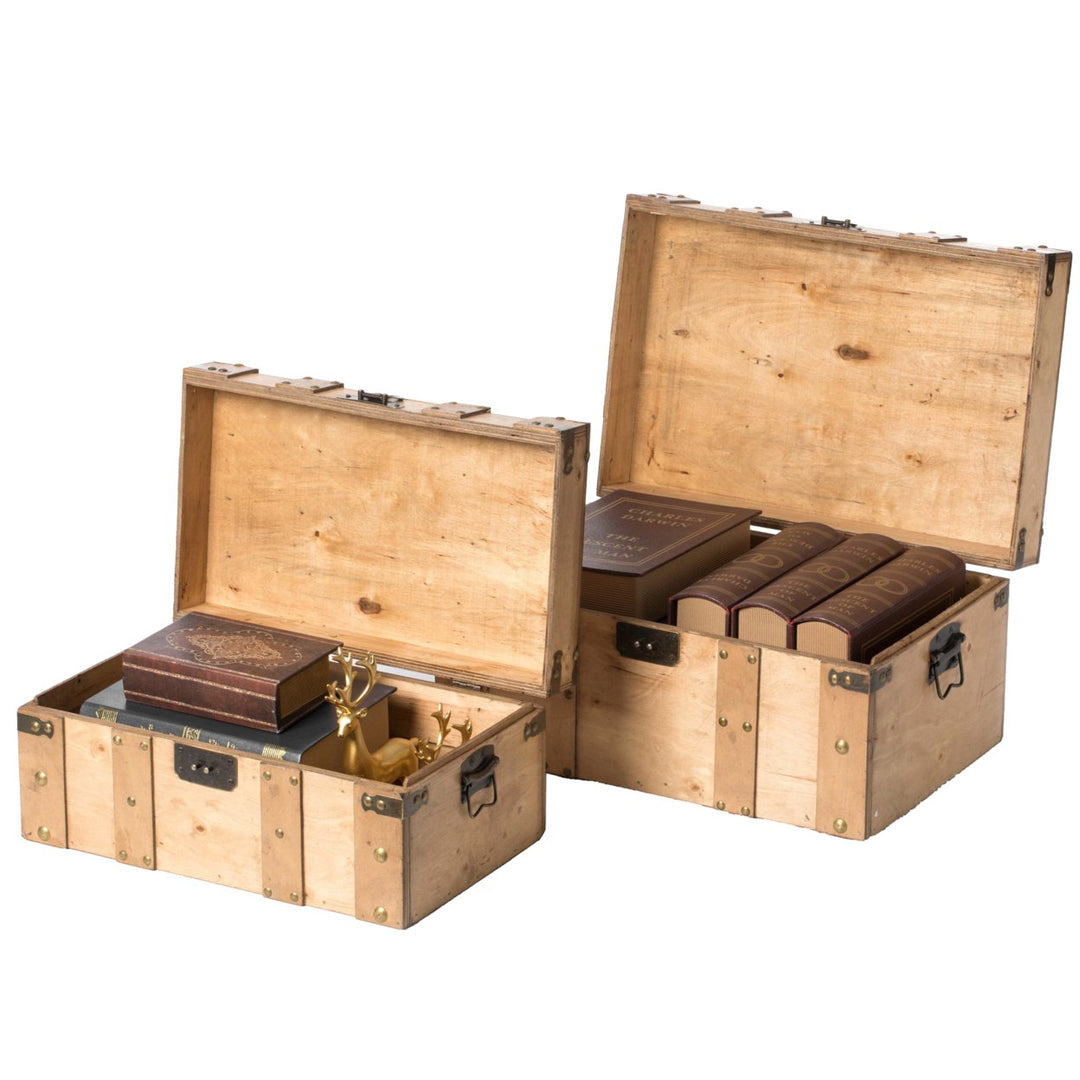 Natural Wooden Trunk Set of 2 with Handles 18 Inch and 15 Inch Decorative Storage Image 1