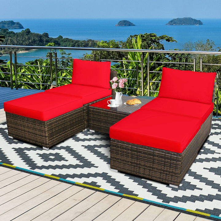 5PCS Outdoor Patio Furniture Set w/ Coffee Table Ottoman Red Cushion Image 1