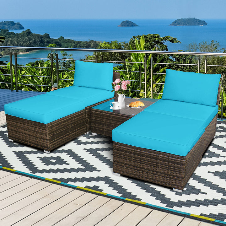 5PCS Outdoor Patio Furniture Set w/ Coffee Table Ottoman Turquoise Cushion Image 1