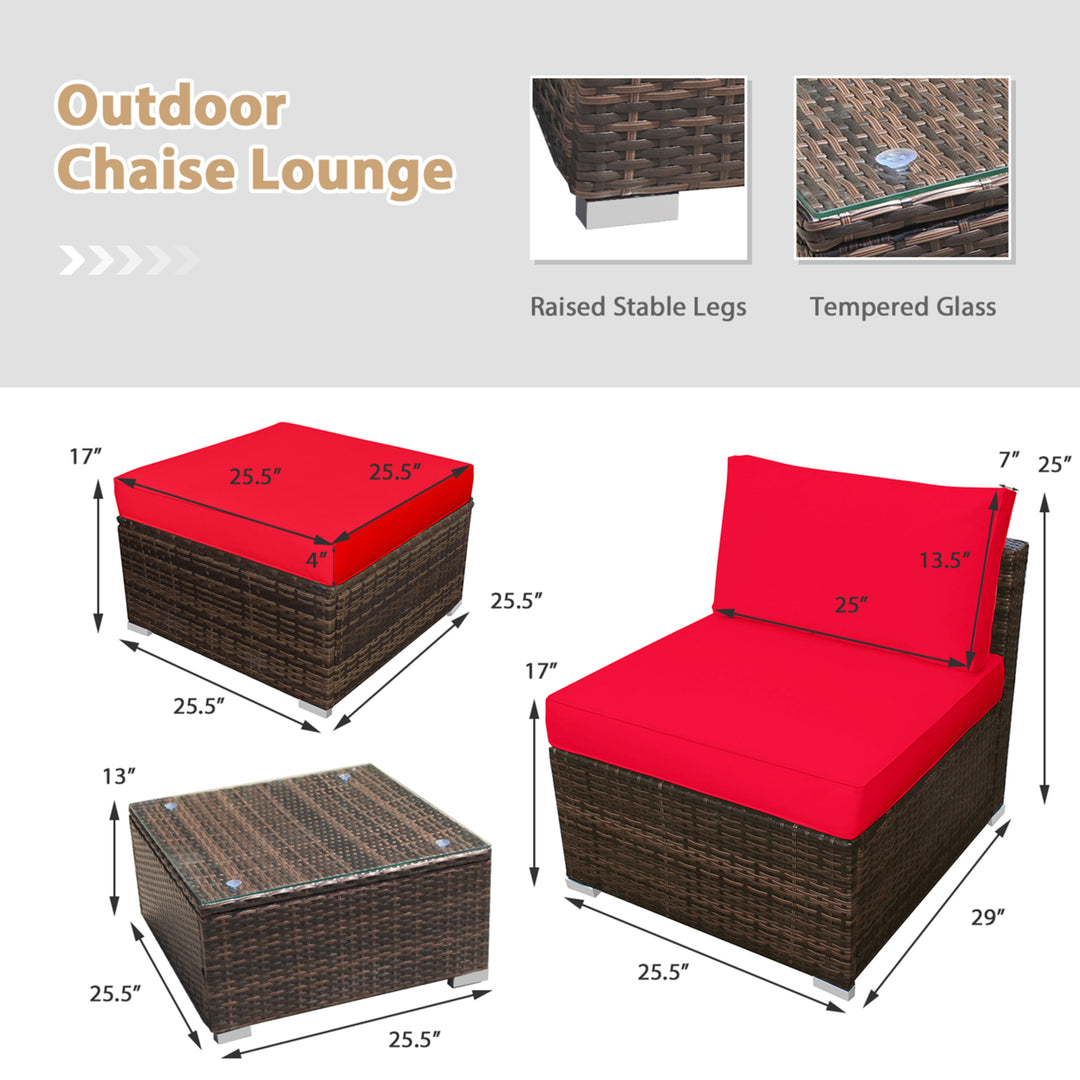 5PCS Outdoor Patio Furniture Set w/ Coffee Table Ottoman Red Cushion Image 2