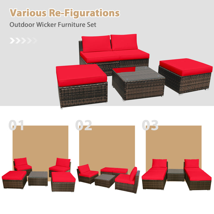 5PCS Outdoor Patio Furniture Set w/ Coffee Table Ottoman Red Cushion Image 4