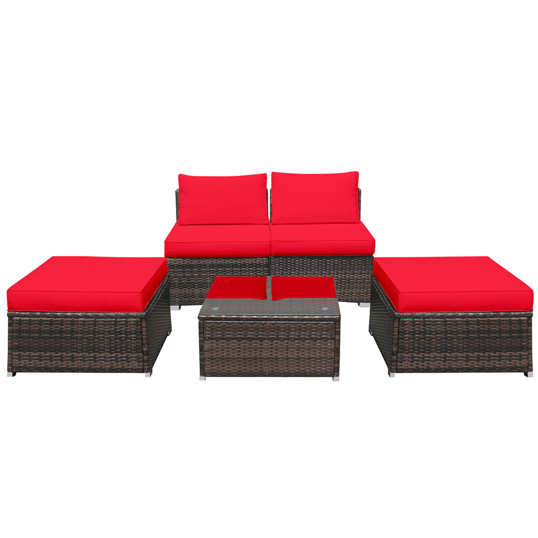 5PCS Outdoor Patio Furniture Set w/ Coffee Table Ottoman Red Cushion Image 6