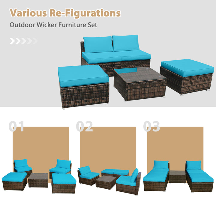 5PCS Outdoor Patio Furniture Set w/ Coffee Table Ottoman Turquoise Cushion Image 4