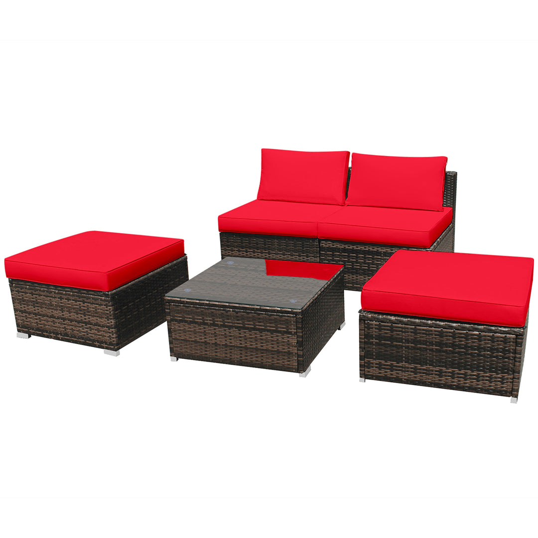 5PCS Outdoor Patio Furniture Set w/ Coffee Table Ottoman Red Cushion Image 7