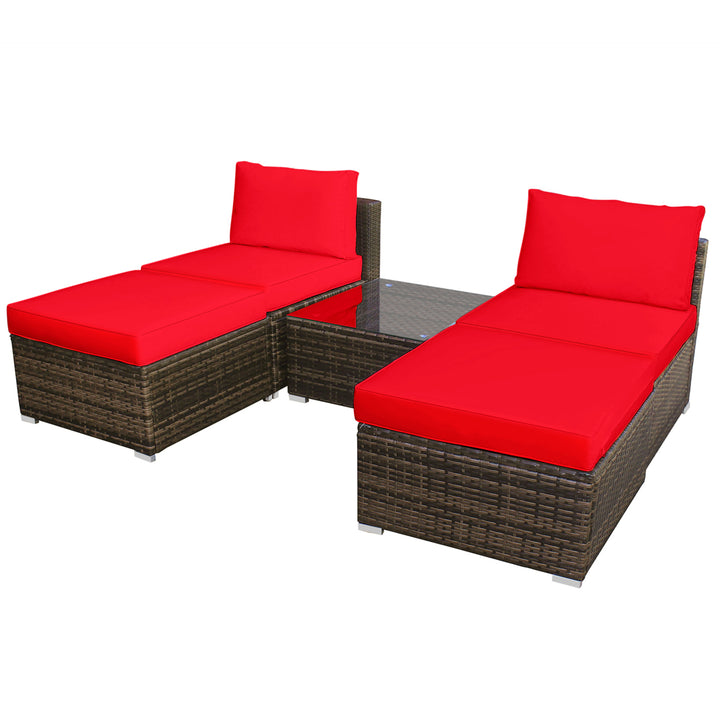 5PCS Outdoor Patio Furniture Set w/ Coffee Table Ottoman Red Cushion Image 8