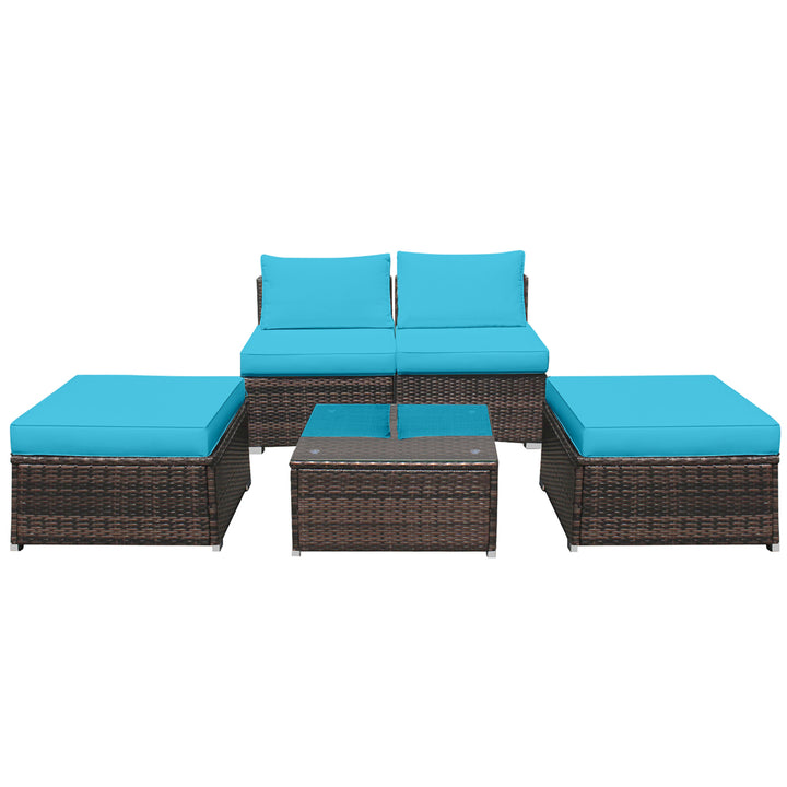 5PCS Outdoor Patio Furniture Set w/ Coffee Table Ottoman Turquoise Cushion Image 6