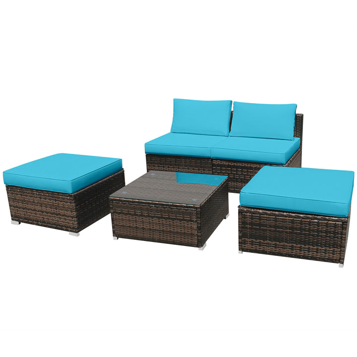 5PCS Outdoor Patio Furniture Set w/ Coffee Table Ottoman Turquoise Cushion Image 7