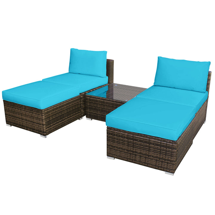 5PCS Outdoor Patio Furniture Set w/ Coffee Table Ottoman Turquoise Cushion Image 8