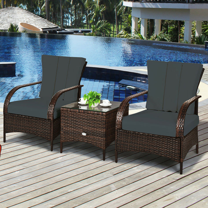 3 PCS Patio Rattan Furniture Set Coffee Table and 2 Rattan Chair W/Gray Cushions Image 5