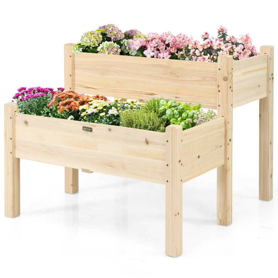 2 Tier Wooden Raised Garden Bed Elevated Planter Box w/Legs Drain Holes Image 1