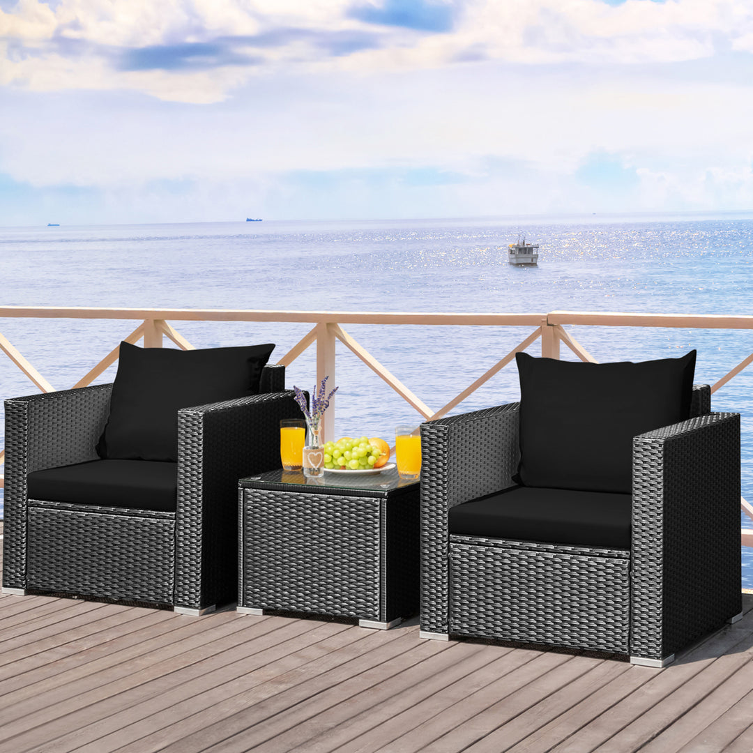 3PCS Rattan Patio Conversation Furniture Set Outdoor w/ Black Cushions Image 1