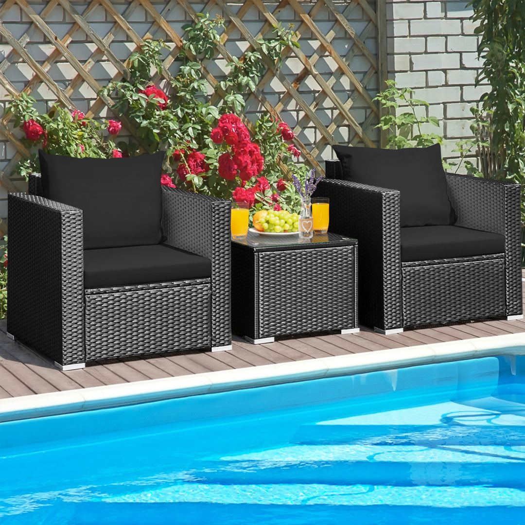 3PCS Rattan Patio Conversation Furniture Set Outdoor w/ Black Cushions Image 3