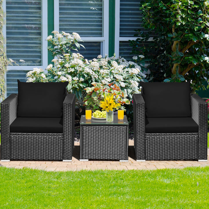 3PCS Rattan Patio Conversation Furniture Set Outdoor w/ Black Cushions Image 4