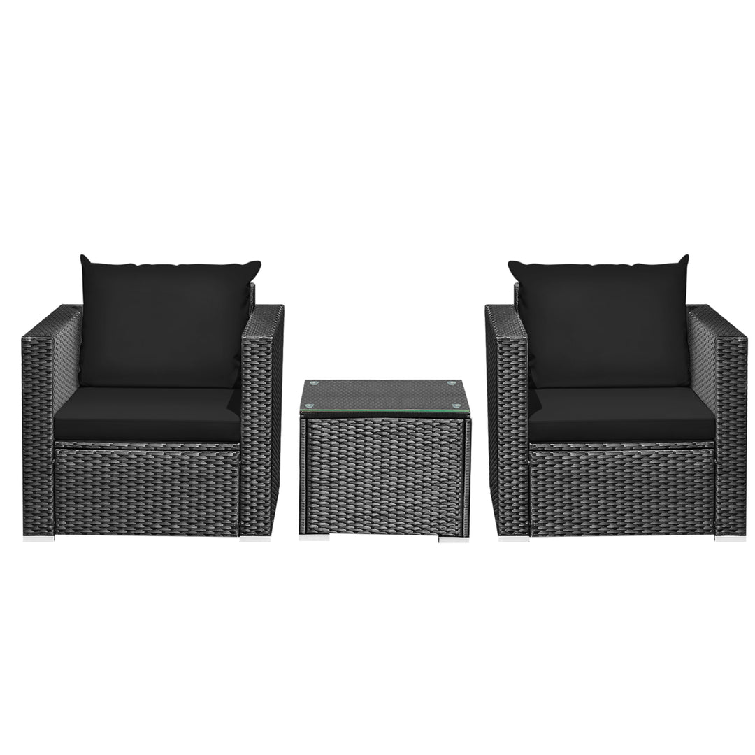 3PCS Rattan Patio Conversation Furniture Set Outdoor w/ Black Cushions Image 5