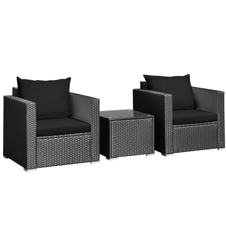 3PCS Rattan Patio Conversation Furniture Set Outdoor w/ Black Cushions Image 2