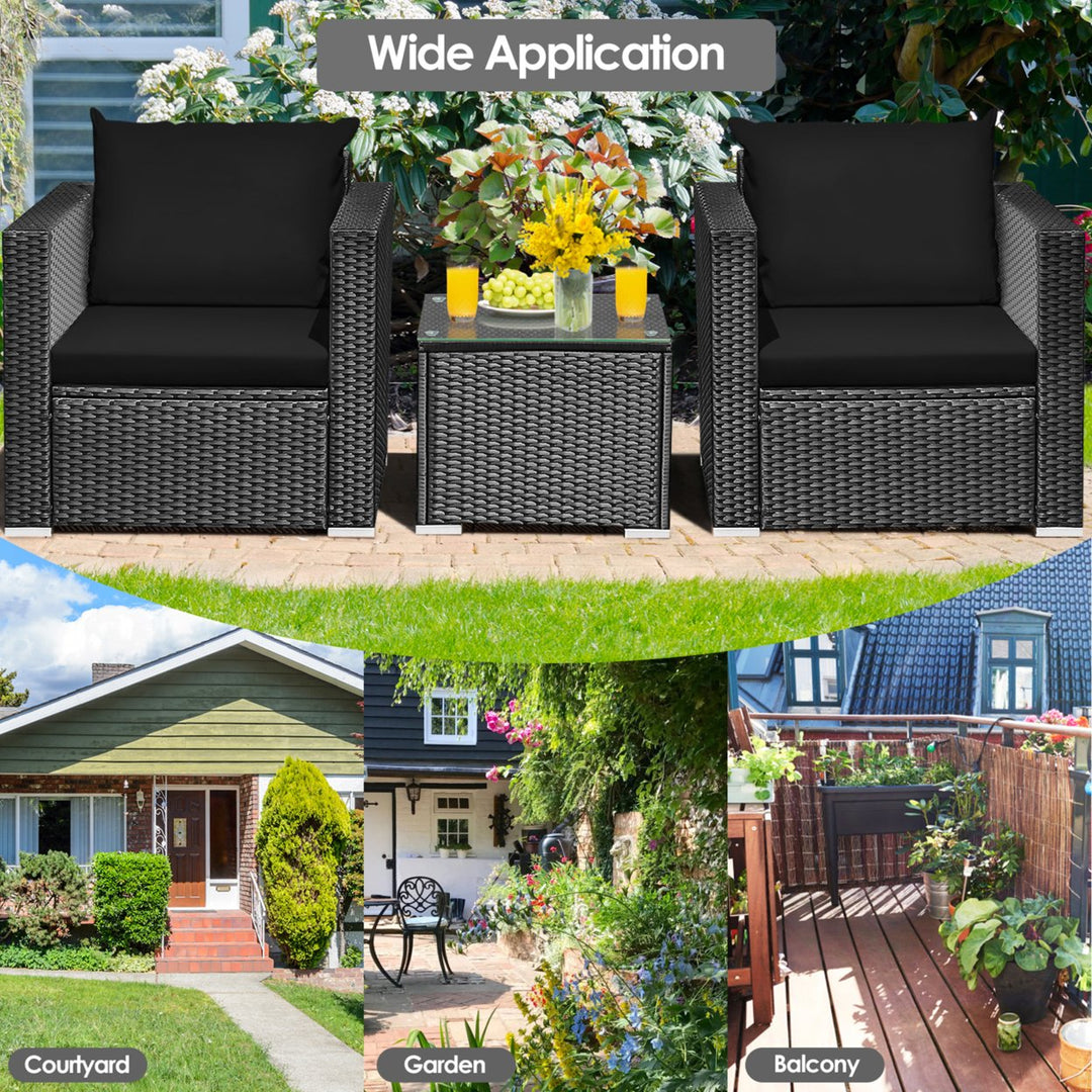 3PCS Rattan Patio Conversation Furniture Set Outdoor w/ Black Cushions Image 7