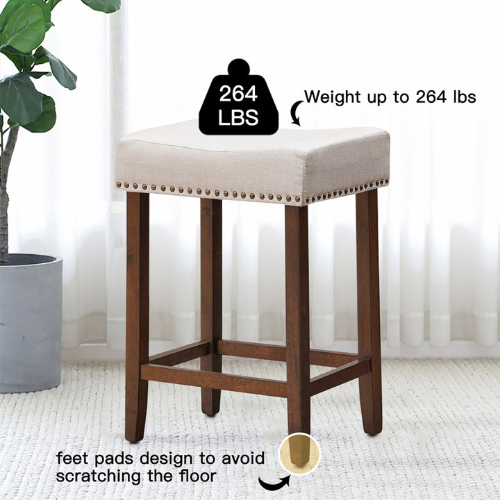 Set of 4 Nailhead Saddle Bar Stools 24 Height w/ Fabric Seat and Wood Legs Beige Image 5