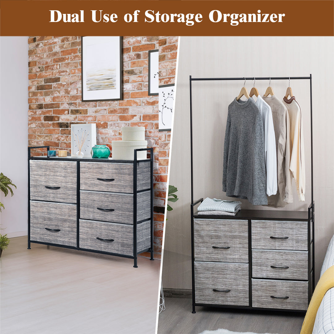 5 Drawer Fabric Dresser Hanger Metal Frame Wooden Top Storage Closet Organizer Image 5