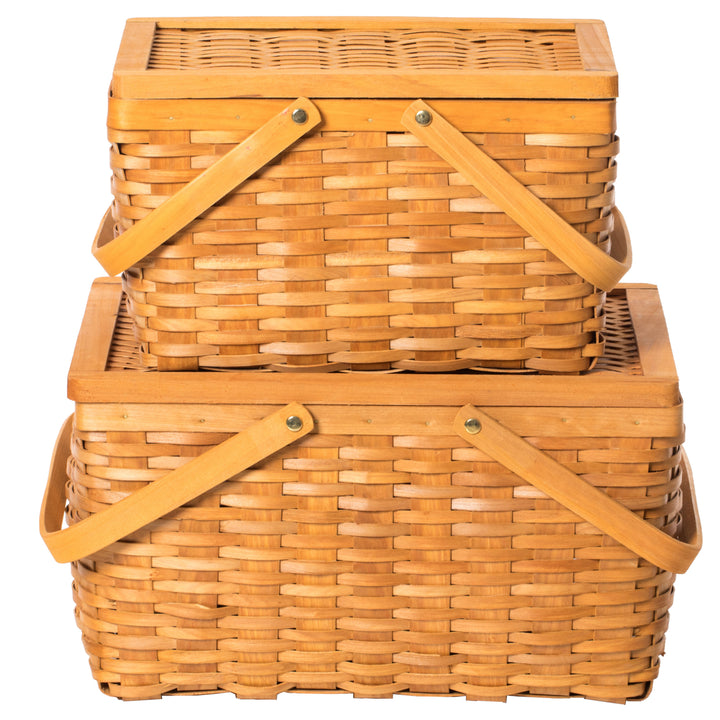 Woodchip Picnic Storage Basket with Cover Large Small Movable Handles Camping Outdoor Image 3