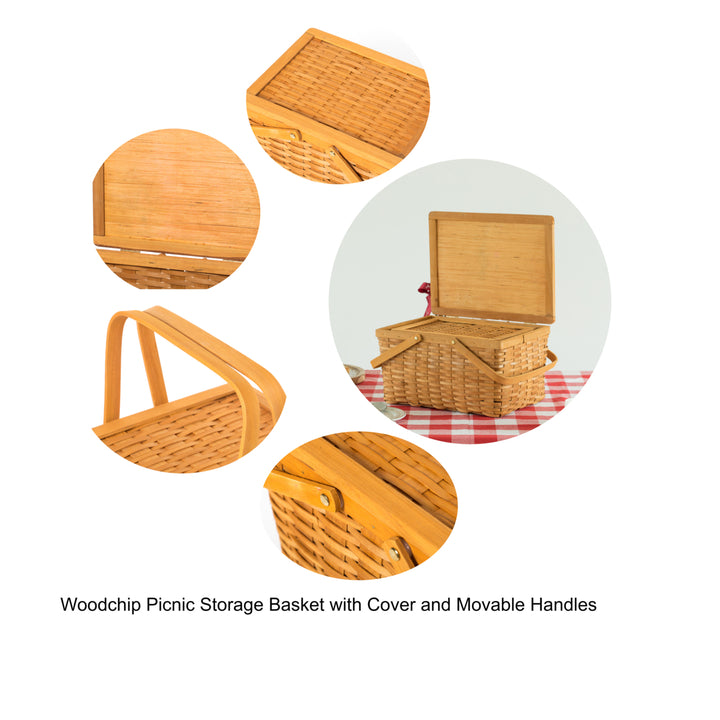 Woodchip Picnic Storage Basket with Cover Large Small Movable Handles Camping Outdoor Image 6