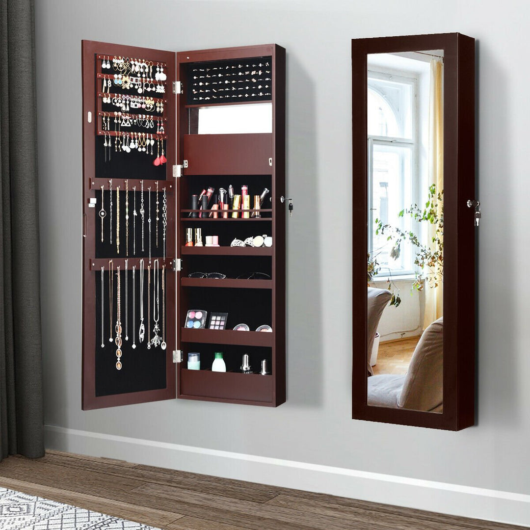 Wall Door Mounted Lockable Jewelry Cabinet Armoire Organizer w/LED Image 1