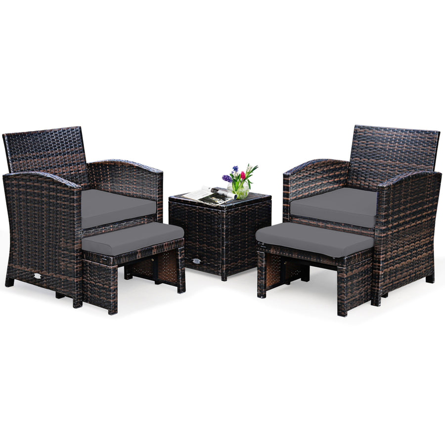 5PCS Rattan Patio Furniture Set Chair and Ottoman Set w/ Grey Cushions Image 1