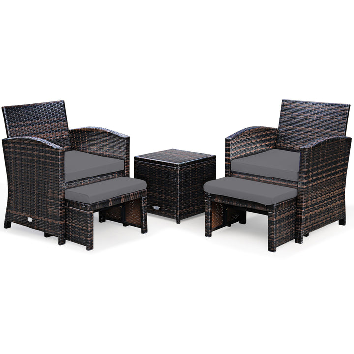 5PCS Rattan Patio Furniture Set Chair and Ottoman Set w/ Grey Cushions Image 5