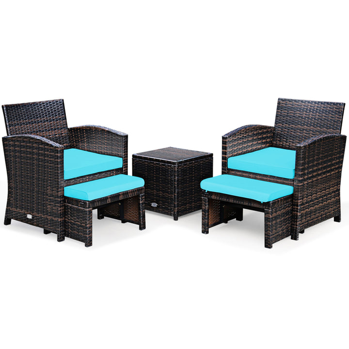 5PCS Rattan Patio Furniture Set Chair and Ottoman Set w/ Turquoise Cushions Image 1