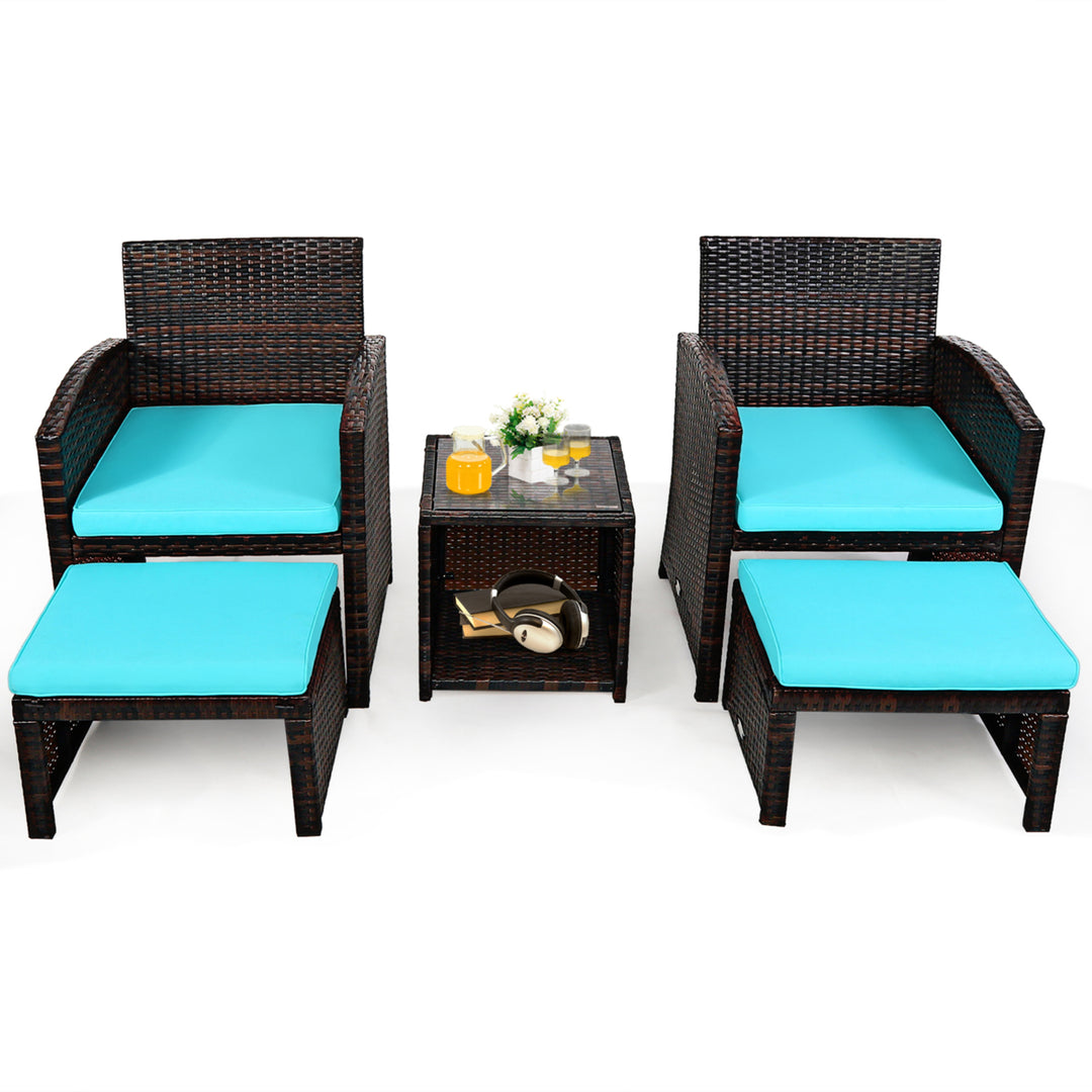 5PCS Rattan Patio Furniture Set Chair and Ottoman Set w/ Turquoise Cushions Image 3