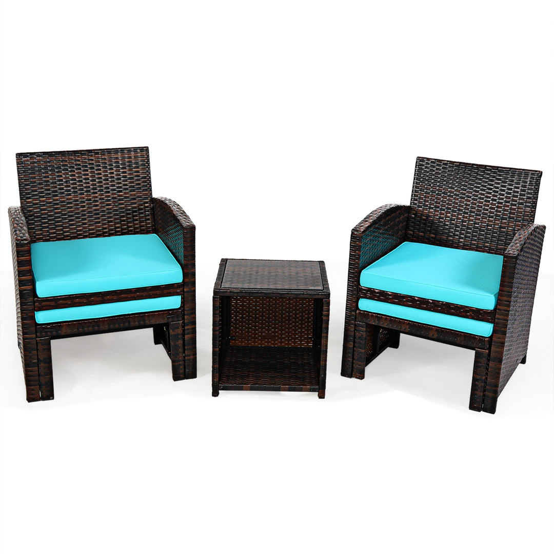 5PCS Rattan Patio Furniture Set Chair and Ottoman Set w/ Turquoise Cushions Image 4