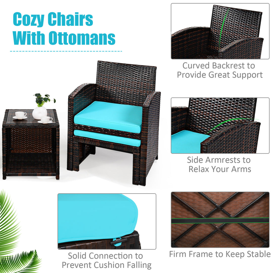 5PCS Rattan Patio Furniture Set Chair and Ottoman Set w/ Turquoise Cushions Image 5