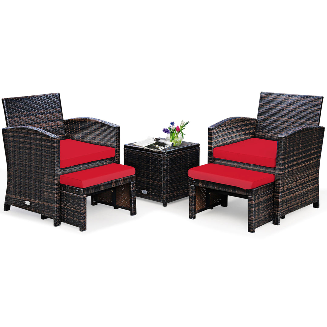 5PCS Rattan Patio Furniture Set Chair and Ottoman Set w/ Red Cushions Image 1